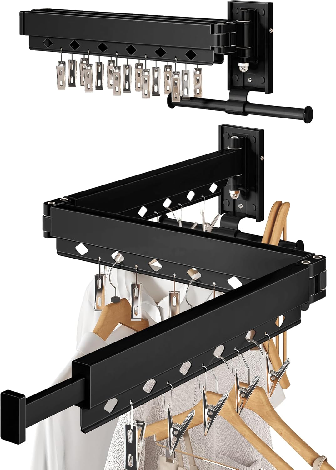 Wall Mounted Collapsible Clothes Drying Rack, Durable Space-Saving Laundry Drying Rack Clothing Hanger, Upgraded with Clips and Windproof Holes