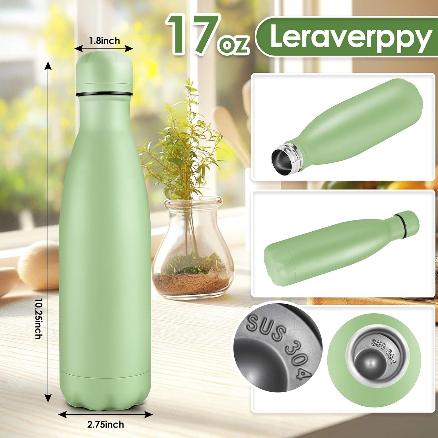 17oz Cola-Bottle Shaped Stainless Steel Leak-proof Water Bottle,Double Wall Vacuum Insulated Metal,Travel Mug For Sports Indoors & Outdoors,BPA-Free Kids Flasks,Green(8 Pack)