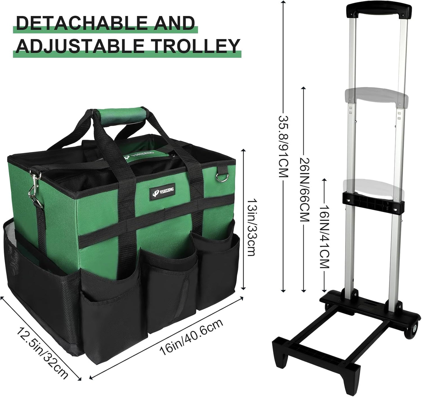 Large Rolling Cleaning Caddy Bag with Wheels, Cleaning Bag with Detachable Trolley, Cleaning Bags on Wheels for Housekeepers, Cleaning Cart Supplies Organizer for Home, Car, Picnic (Green)