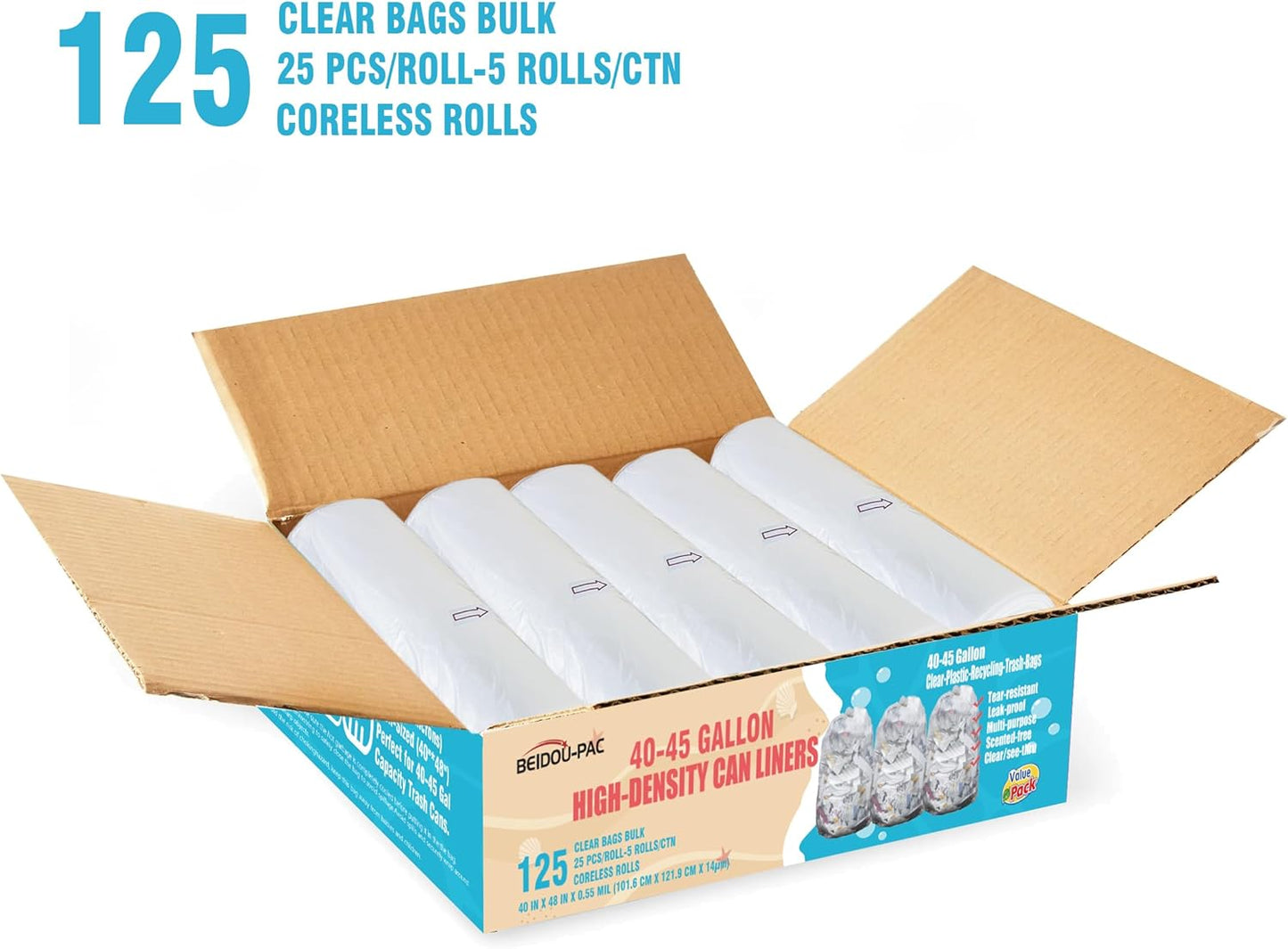 40-45 Gallon Lawn & Leaf Trash Bags, 125 Count Bulk, Heavy Duty Clear Plastic Recycling Bags, Multi-purpose Garbage Bags for Home Commercial, Outdoor, Construction, Industrial