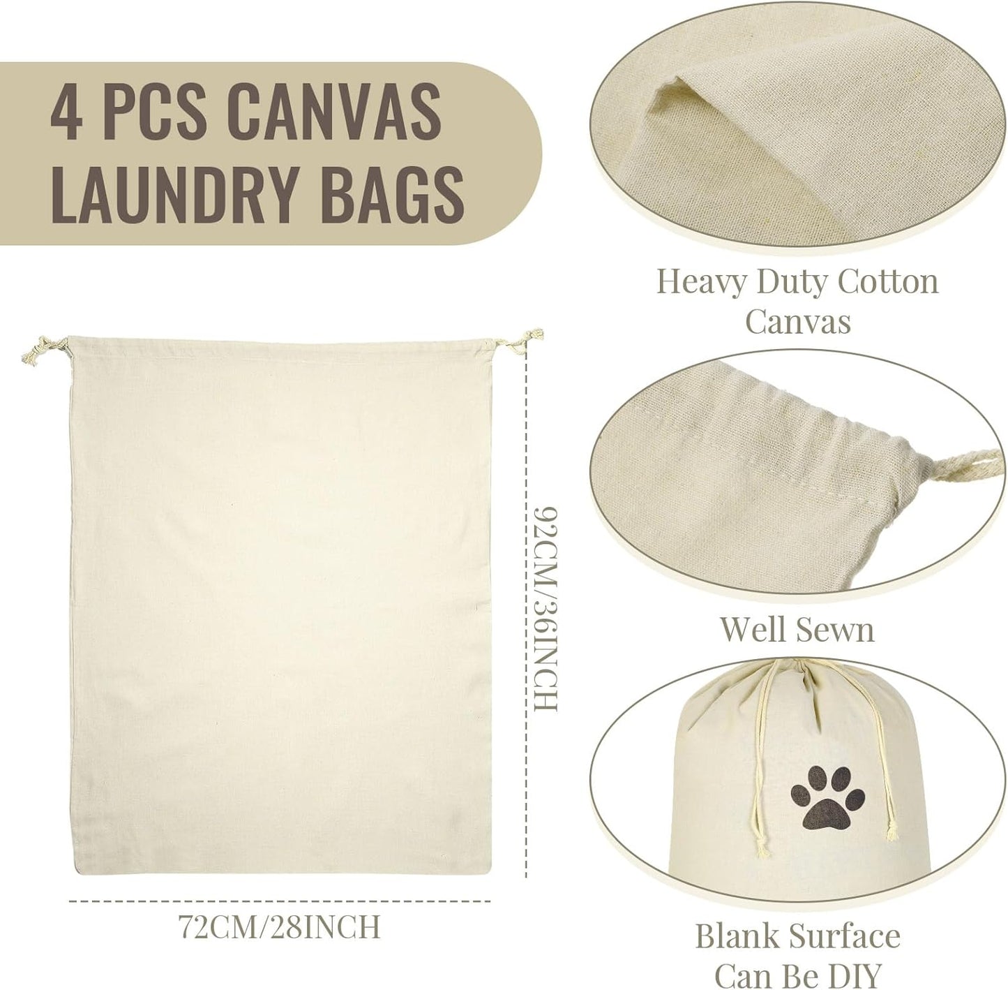 4 Pieces 28" x 36" Canvas Laundry Bags Bulk Large Cotton Laundry with Drawstring Heavy Duty Hamper Liner Washable Dirty Clothes Santa Bag for Travel Household