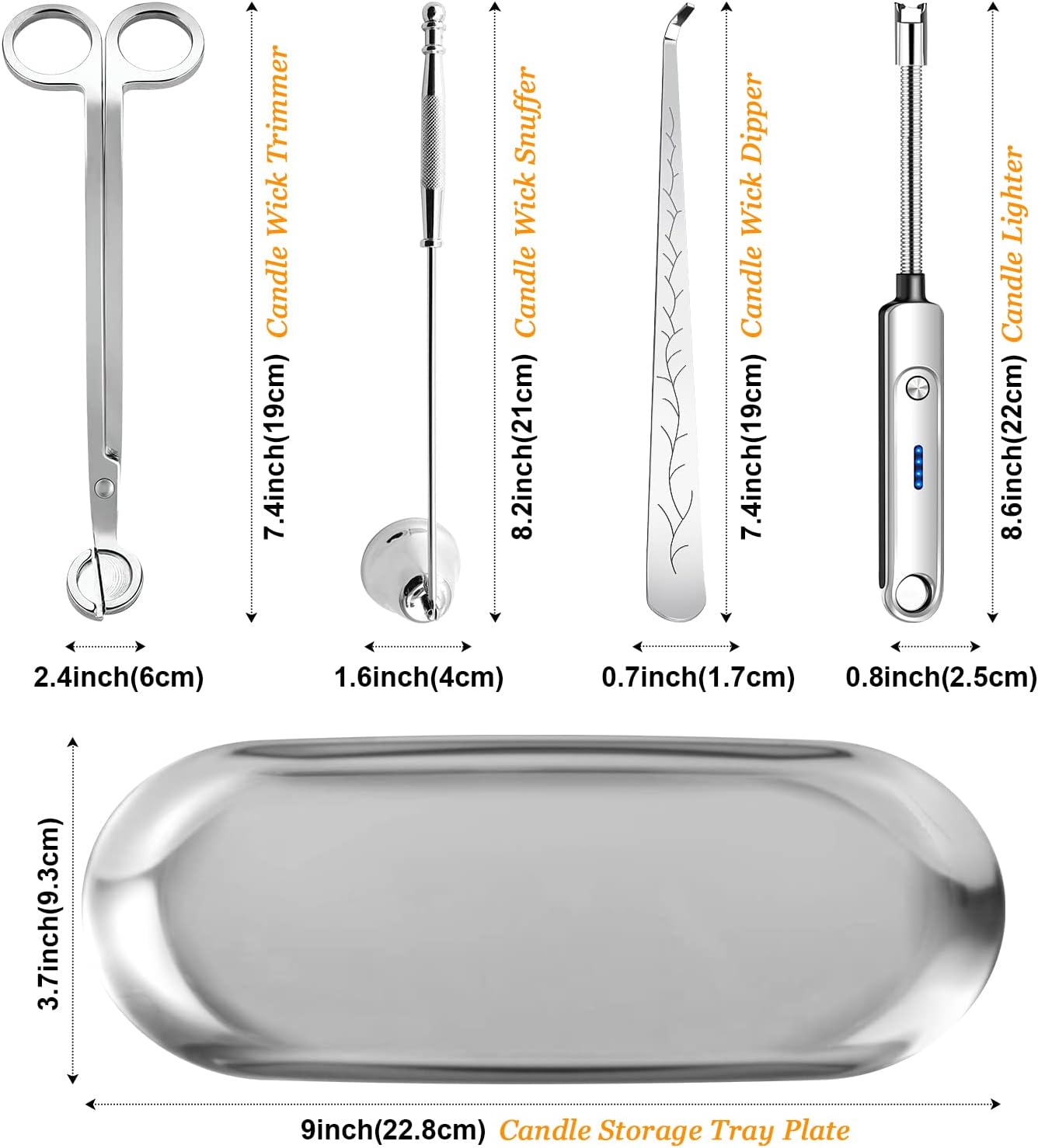 Lsnisni 5Pcs Candle Accessory Set With Rechargeable Electric Lighter, Storage Tray, Wick Trimmer, Snuffer, Dipper - Stainless Steel Care Kit With Gift Package for Candle Lovers - Silver