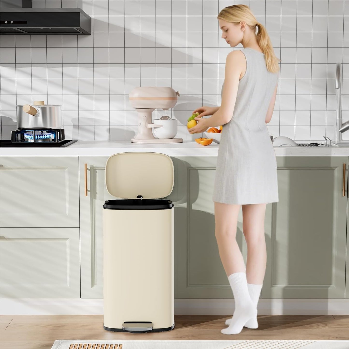 Arlopu 13.2+1.3 Gallon Step Trash Can, Stainless Steel Garbage Bin, Soft-Close Rubbish Bin with Removable Plastic Inner Bucket, Fingerprint-Proof, Lid Dustbin, for Kitchen Home (Beige)