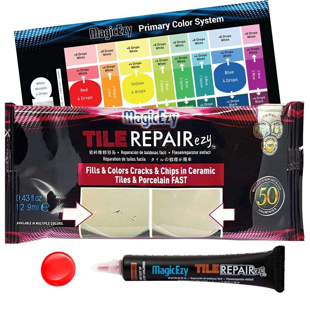 MagicEzy Tile Repair Kit: Porcelain Repair Kit - Ceramic Tile Repair Kit - Mix and Match Colors - Acrylic, Stone, Fiberglass - Wall Touch Up (Red)