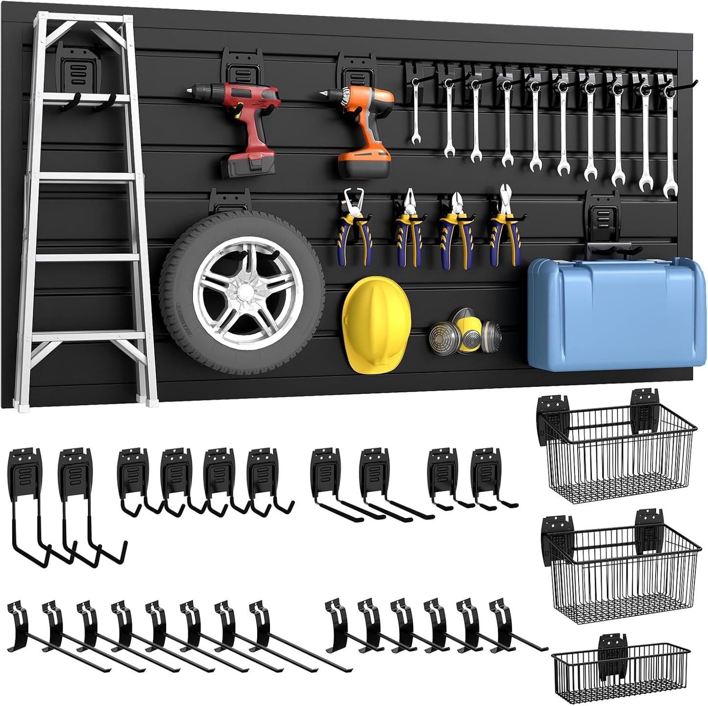 DoCred Slatwall Paneling Organizer, 4x2 FT PVC Garage Slat Wall Storage Systems, Heavy Duty Mounted Slat Peg Board for Tool Organization Ladder Bike Includes 27 PCS Hooks Accessories Kit (Black)