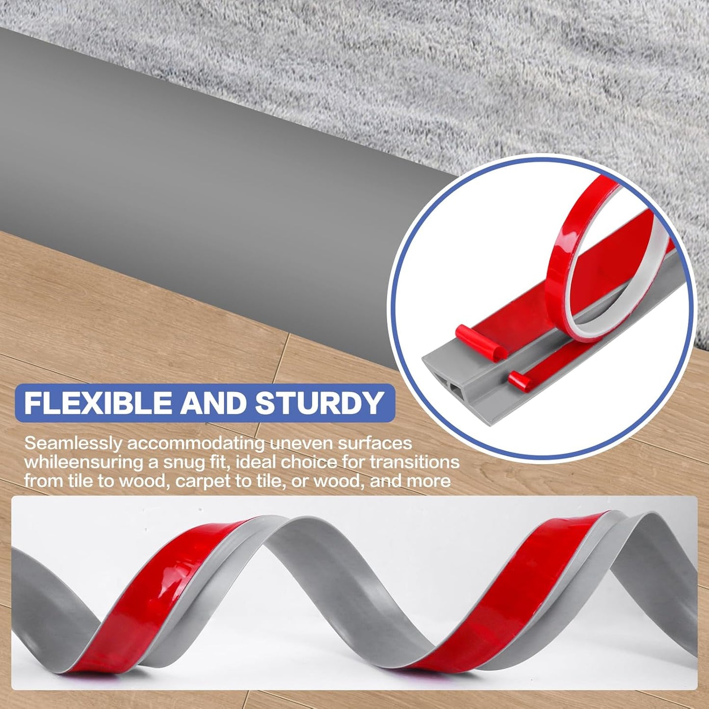 Floor Transition Strip Vinyl Door Threshold Ramp Self Adhesive Carpet Edging Strip Doorway Edge Trim, Overlap Edge Reducer for Laminate Carpet, Floor, Tile (Gray, 3/5" to 4/5", 3.3Ft)