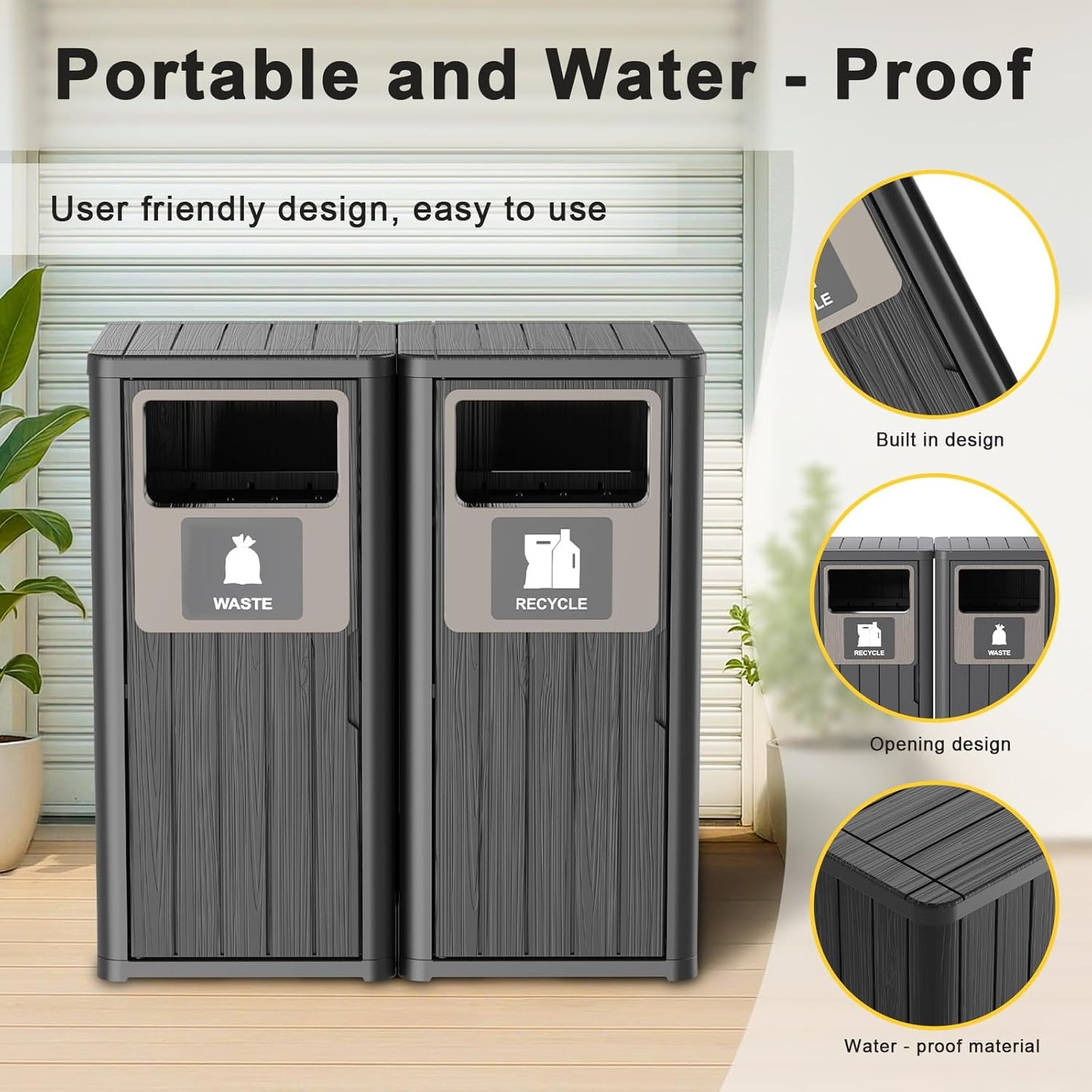 Outdoor Double Barrel Trash Can,Waterproof Resin Garbage Can with Garbage Labels,Durable Waste Bin for Porch, Backyard,Kitchen,for 30 to 39 Gallon Trash Bags