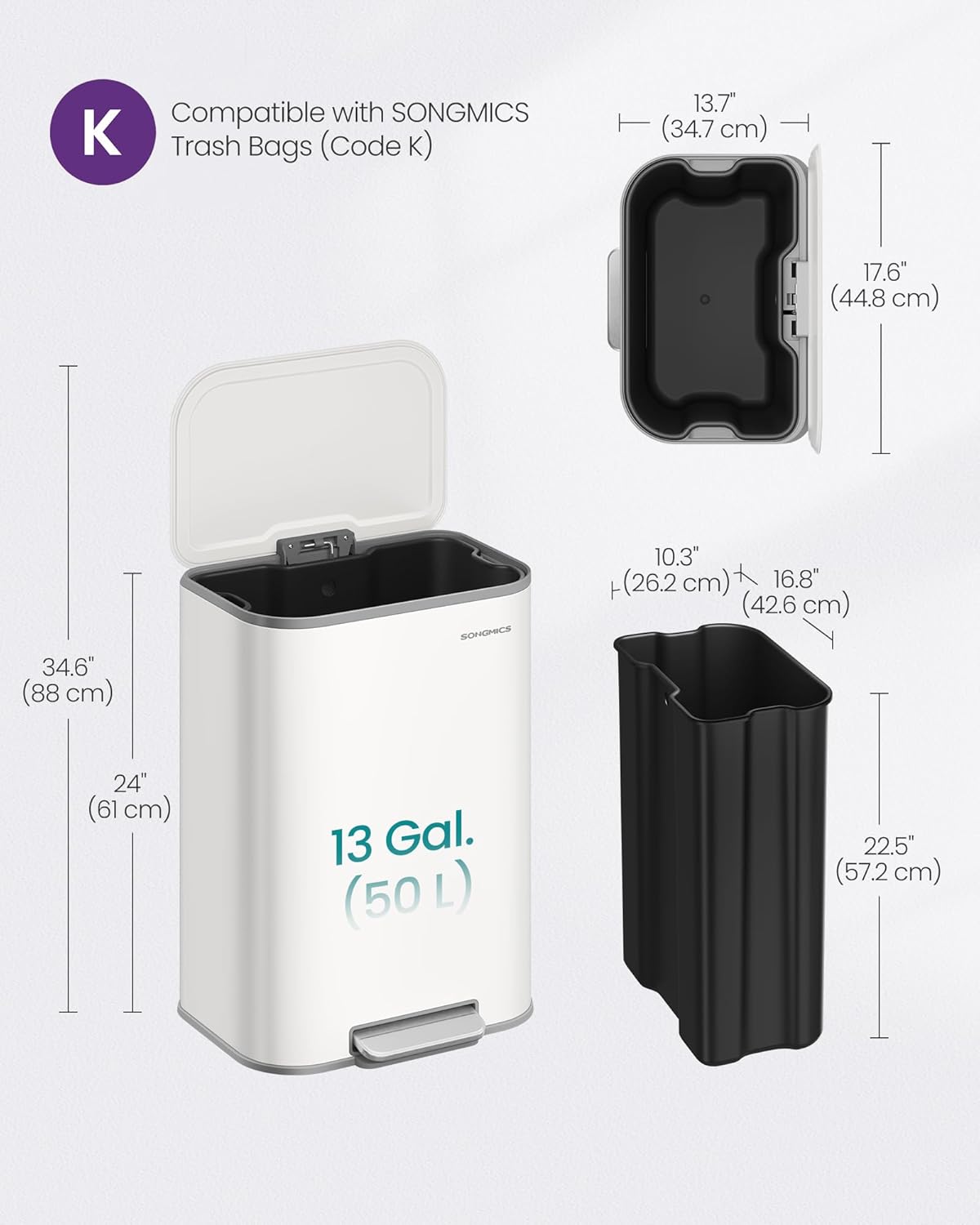 SONGMICS Kitchen Trash Can, 13-Gallon (50 L) Garbage Can with Lid, Stainless Steel, Soft Close and Stays Open, Inner Bucket, Wide Non-Slip Pedal, Cloud White ULTB547W01