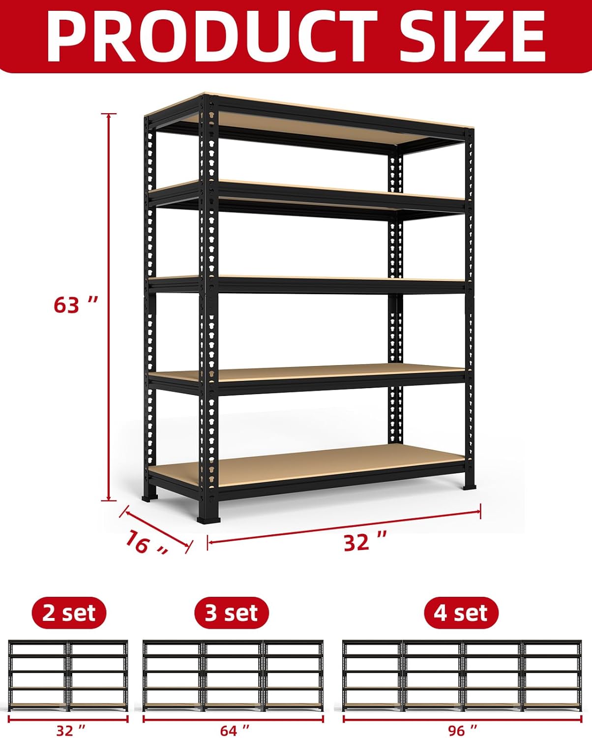 PrimeZone 32" W x 16" D x 63" H Storage Shelves - 5 Tier Adjustable Garage Storage Shelving, Heavy Duty Metal Storage Utility Rack Shelf Unit for Warehouse Pantry Closet Kitchen, Black