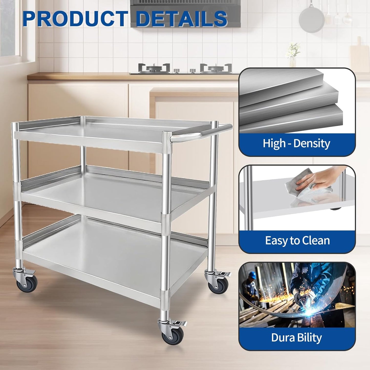 3-Shelf Stainless Steel Rolling Utility Cart - Heavy-Duty Metal Mobile Storage with Handle & Locking Wheels - Ideal for Kitchen, Medical, Lab, Restaurant & Home Use (19''x31''x34'')