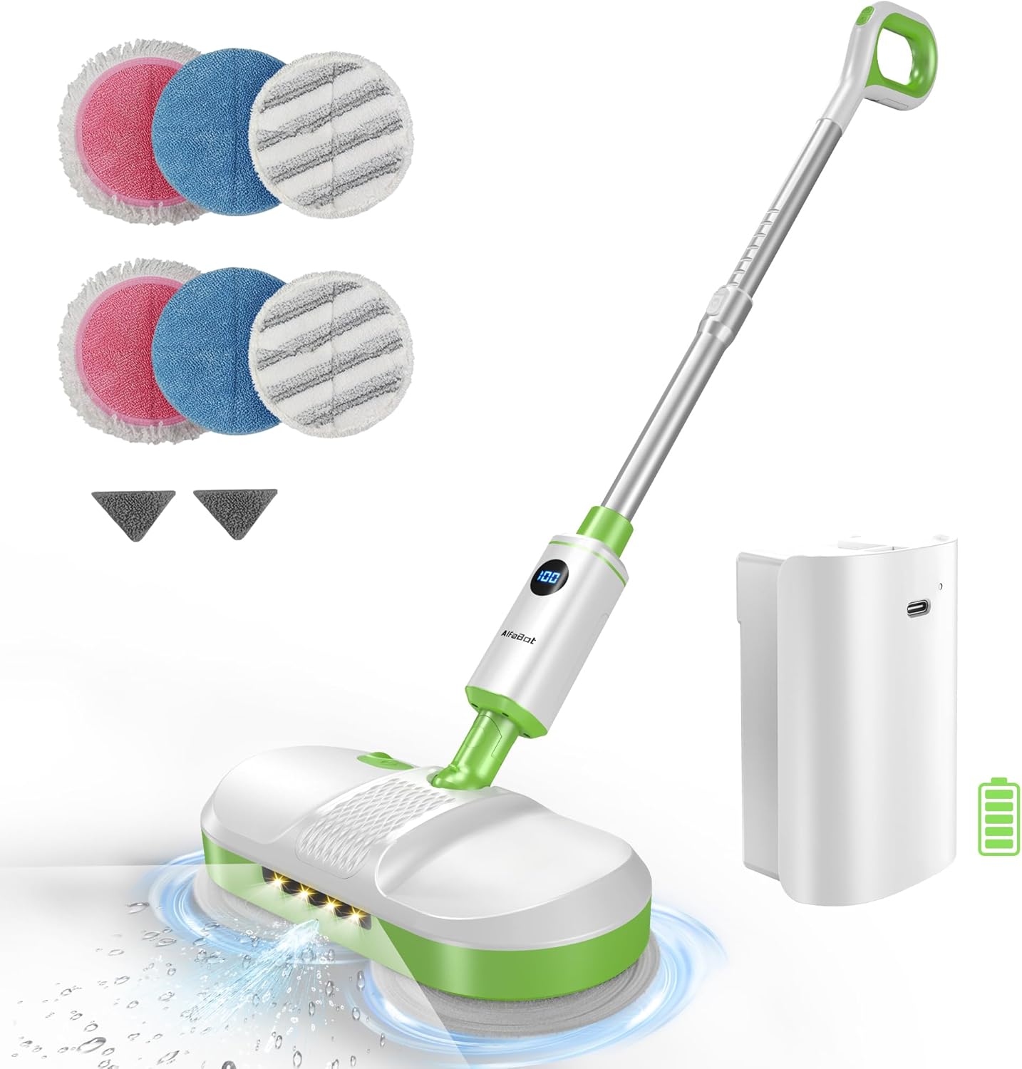 AlfaBot Cordless Electric Mop for Floor Cleaning, Dual Spin Mop with LED Headlight/Water Spray/Self-Propelled,Clean up to 2700 ft²,Rechargeable Electric Mops with Big Water Tank for Multi Floors