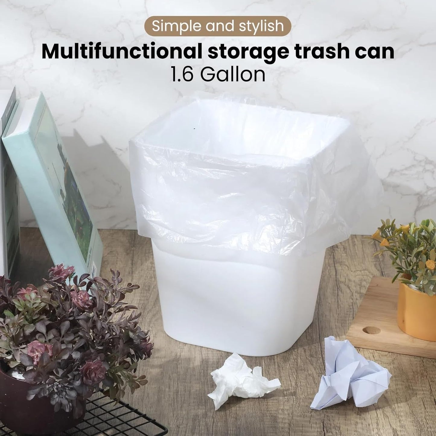 Eccliy 6 Pack Plastic Trash Can with 3 Rolls of Trash Bags Small Wastebasket Garbage Bin Container for Bathroom, Bedroom, Home Office, Living Room, Kitchen (Gray,White)