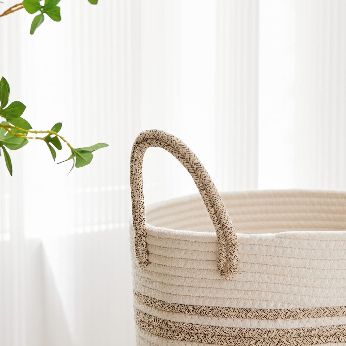 VIPOSCO Large Laundry Hamper, Tall Woven Rope Storage Basket for Blanket, Toys, Dirty Clothes in Living Room, Bathroom, Bedroom - 58L Brown & White