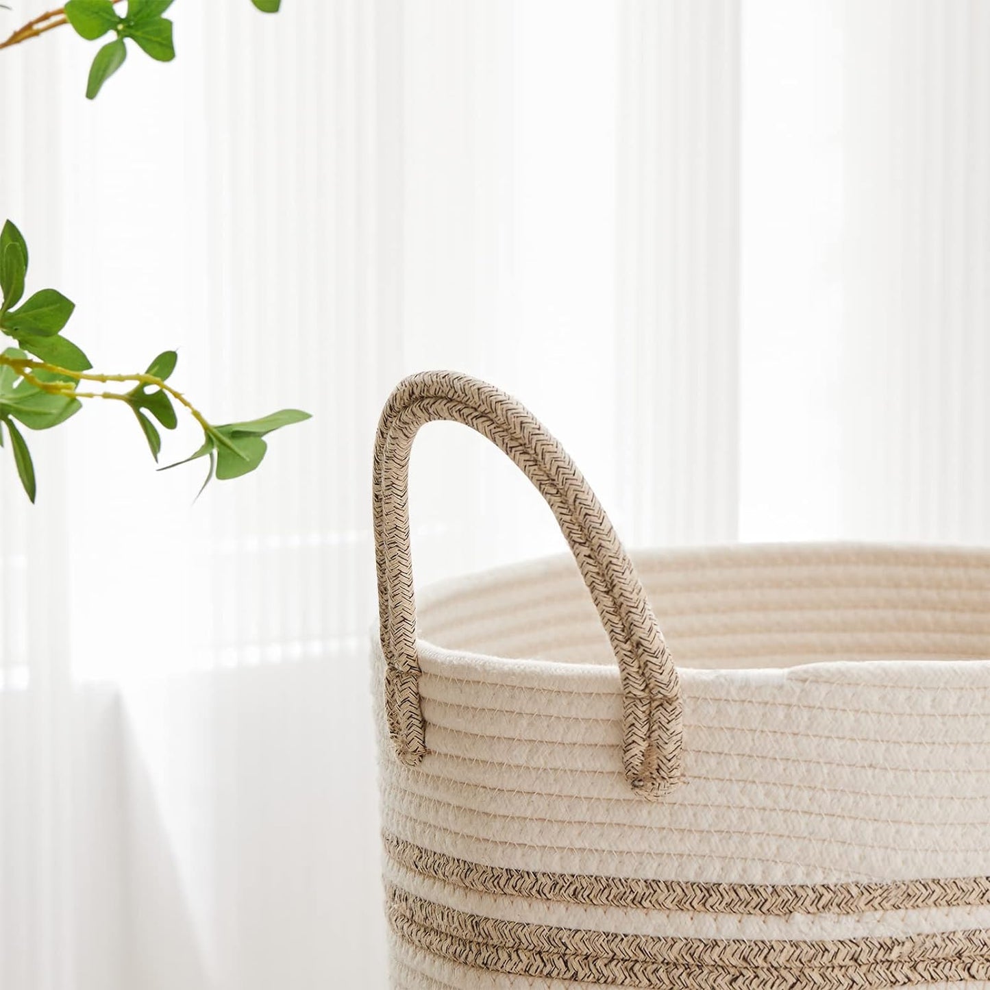 VIPOSCO Large Laundry Hamper, Tall Woven Rope Storage Basket for Blanket, Toys, Dirty Clothes in Living Room, Bathroom, Bedroom - 72L Brown & White