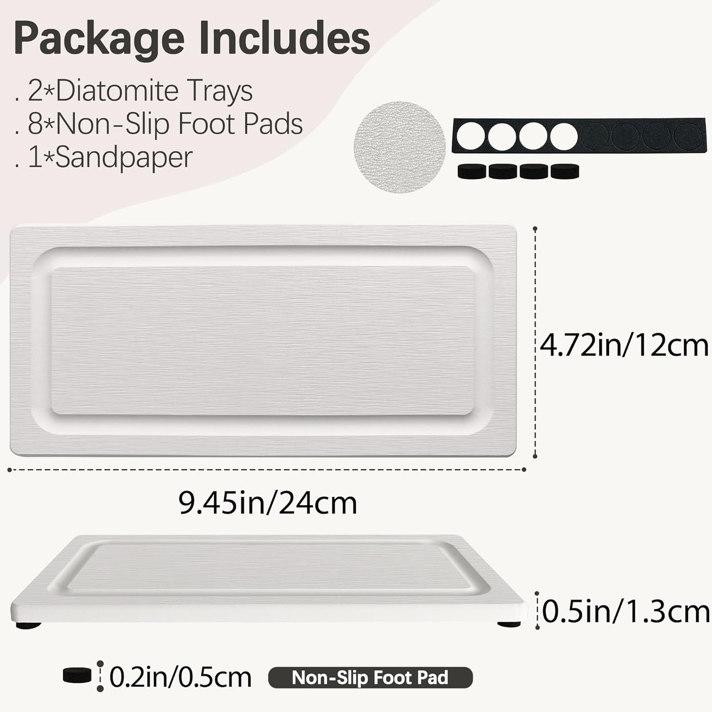 2 PCS Fast-Drying Stone Trays for Bathroom Sink & Kitchen Counter, Water Absorbing Diatomite Sink Coasters, Vanity Tray, Hand Soap Holder with Anti-Skid Pads (9.5" x 4.7" White)