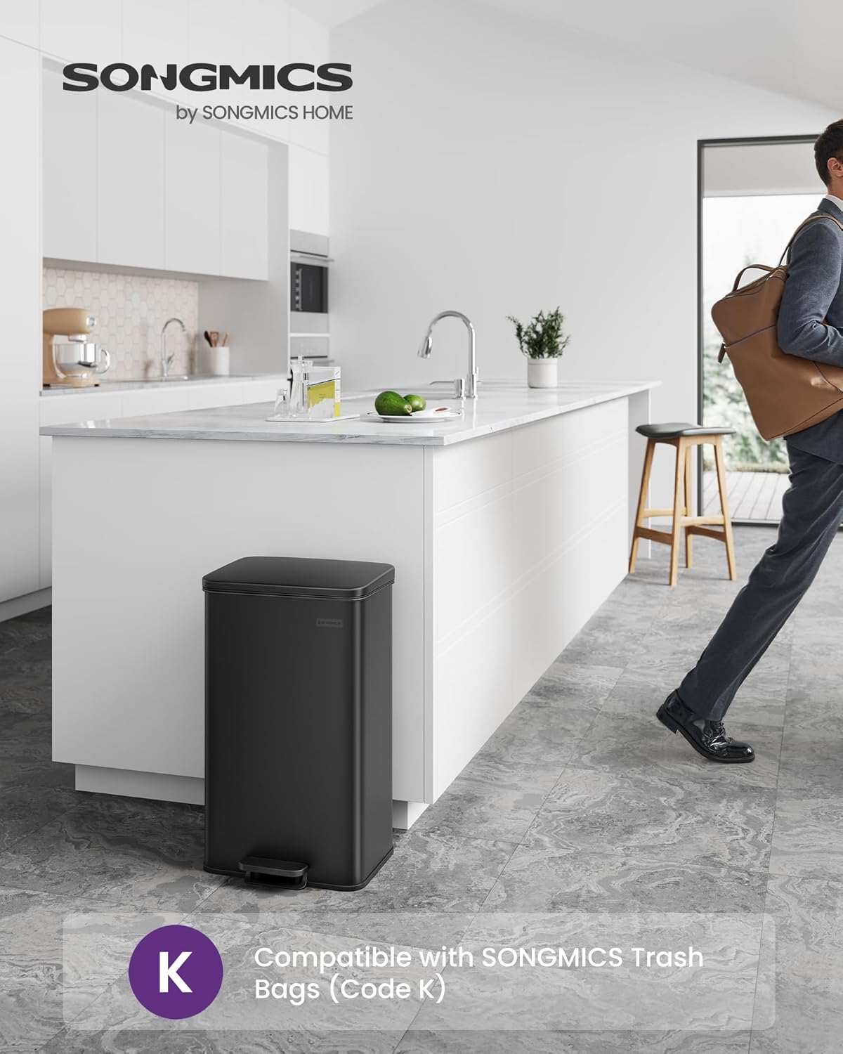 SONGMICS Kitchen Trash Can, 10.5 Gallon (40 L) Garbage Can, Large Step Trash Bin with Lid, Stainless Steel, Soft Close, 15 Trash Bags Included, Black ULTB540B40