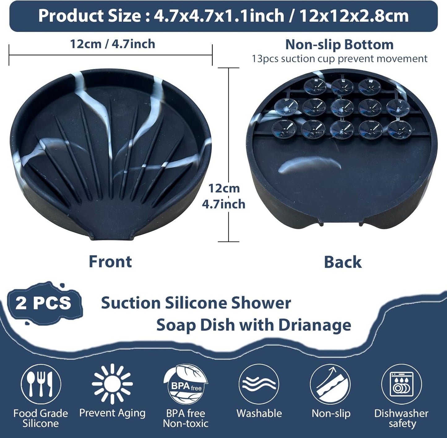 Self Draining Soap Dish, Silicone Suction Cup Soap Holder Tray Savers Container Sponge Holder for Bar Bathroom Shower Kitchen Sink, Can Extend Soap Life (2, Marble)