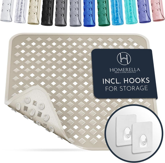 Homerella Anti Slip Shower Mat | Anti Mold Non Slip Bathtub Mat for Inside Shower | Square Floor Shower Mat 21 x 21 inch with Suction Cups for Grip & Hooks Hanging and Quick Drying | Machine Washable