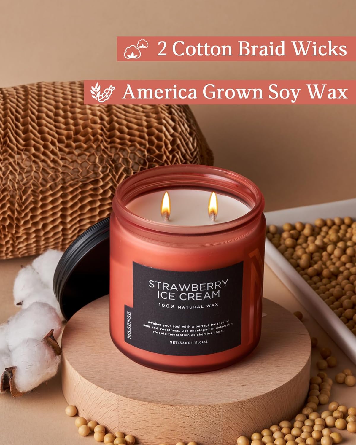 M&SENSE Natural Soy Candles for Home Strawberry Ice Cream Scented, 11.6oz 70 Hours Long Burning Hand Poured Candles Home Decor Housewarming Gift for Women and Men
