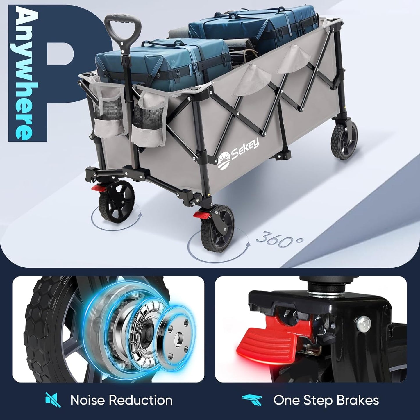 Sekey Collapsible Foldable Wagon with 330lbs Weight Capacity, Heavy Duty Folding Wagon Cart with Big All-Terrain Wheels & Drink Holders. Gray