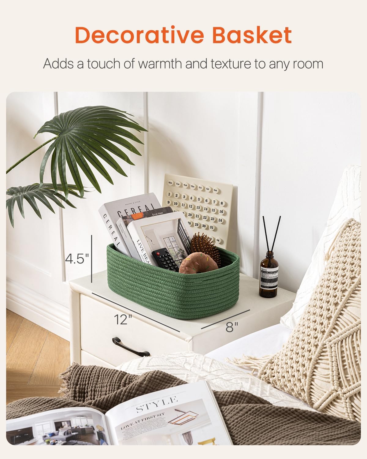 Small Woven Basket, 12 x 8 x 4.5 Inches, Storage Basket for Organizing, Cute Small Rope Shelf Closet Cube Storage Bins Baskets for Shelves, Dog Toy Gift Baskets Empty, 3 Packs, Green