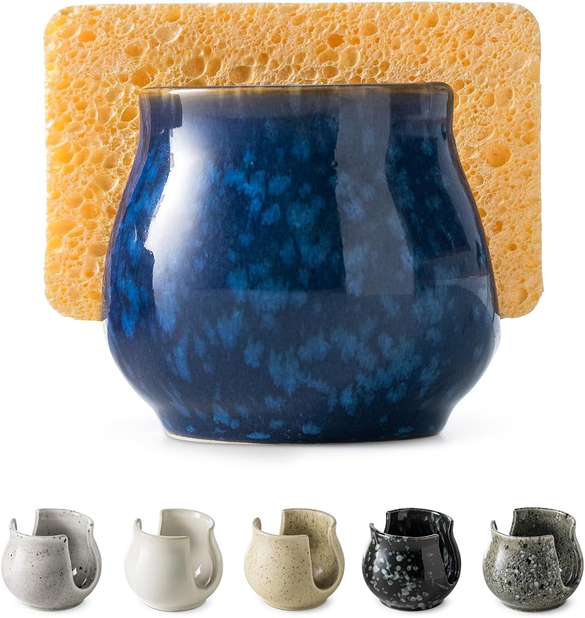 Ceramic Sponge Holder, Kitchen Sink Scrubby Caddy Organizer Dish Sponge Dish Rack for Scrubbers, Bathroom, Sink, Blue