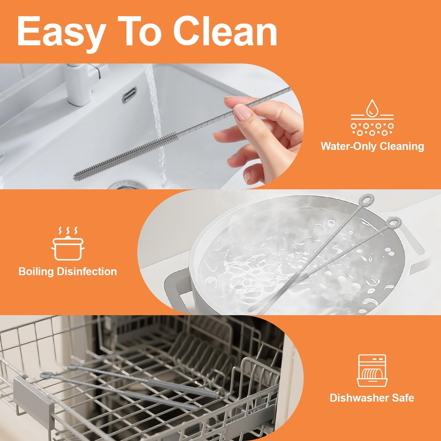 YOTIME Silicone Straw Cleaner Brush, 2 Pcs Reusable Straw Brush(6mm+9mm) for Cleaning Narrow & Wide Straws, Tumblers, Gray