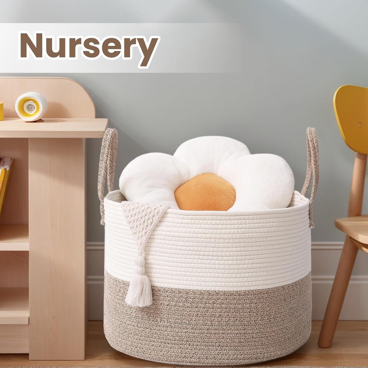 Woven Blanket Basket,115L Large Rope Storage Bin with Handles, Organizer for Blankets Toys Book and Clothes, Laundry Basket for Living Room Bedroom Nursery,White&Brown