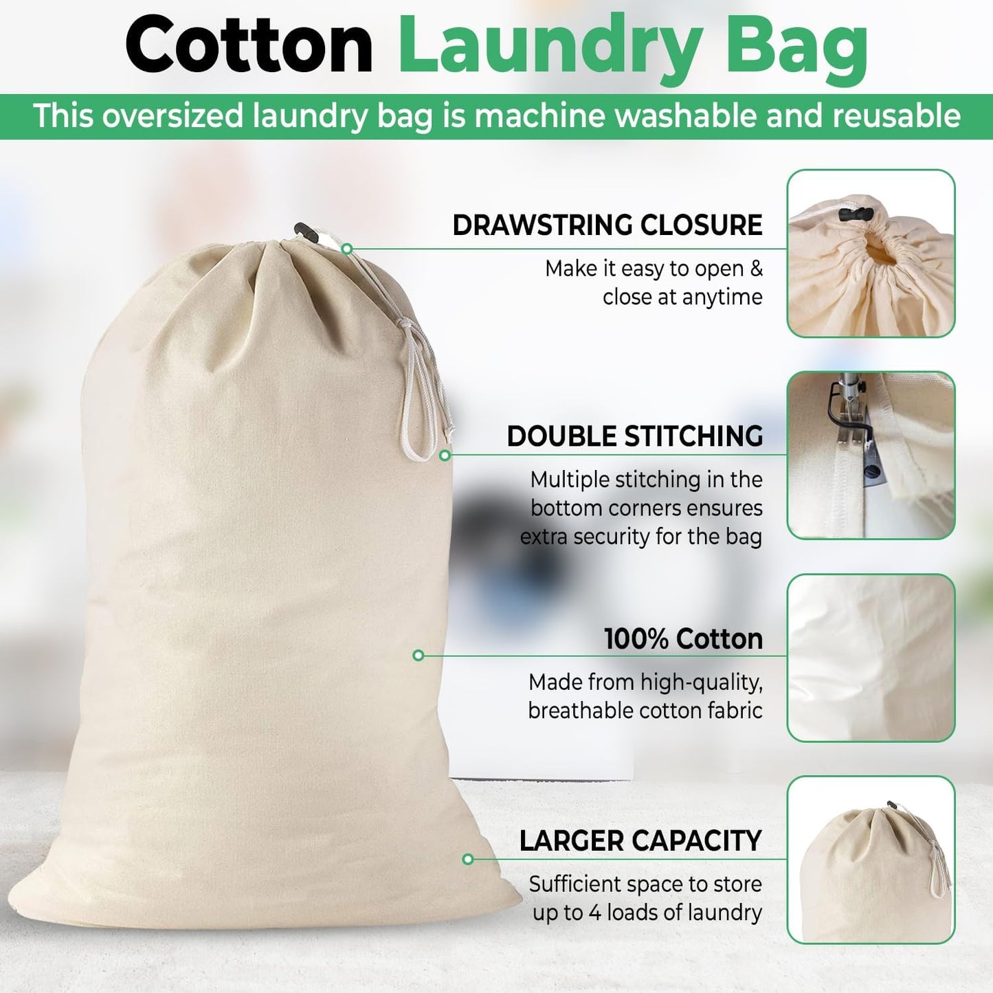 4 Pack - Extra Large Cotton Laundry Bag, Heavy Duty Large Laundry Bags 24 x 36 inch XL Drawstring Travel Organizer Bag Fit Hamper Basket Camp Home College Dorm Tear Resistant Dirty Cloth Big Storage