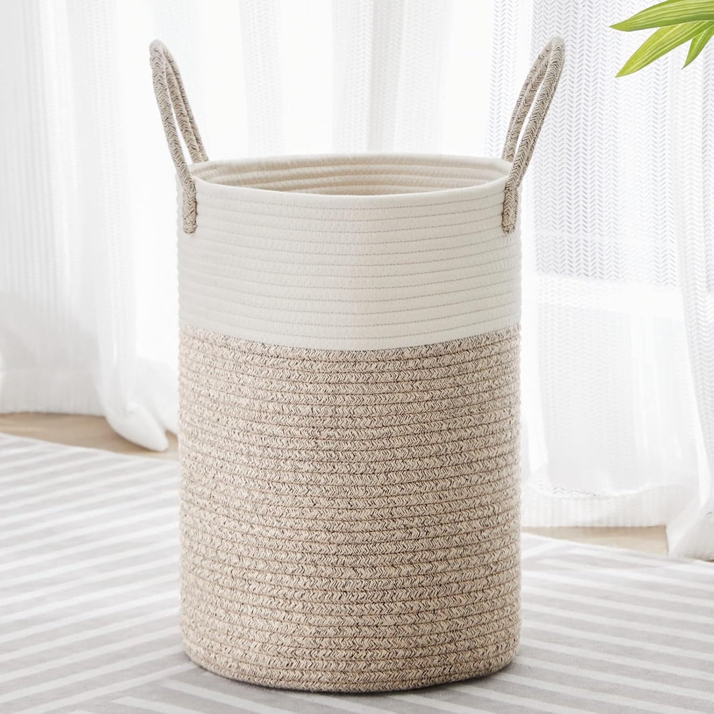 VIPOSCO Tall Laundry Hamper, Woven Rope Storage Basket for Blanket, Toys, Dirty Clothes in Living Room, Bathroom, Bedroom - 30L White & Brown