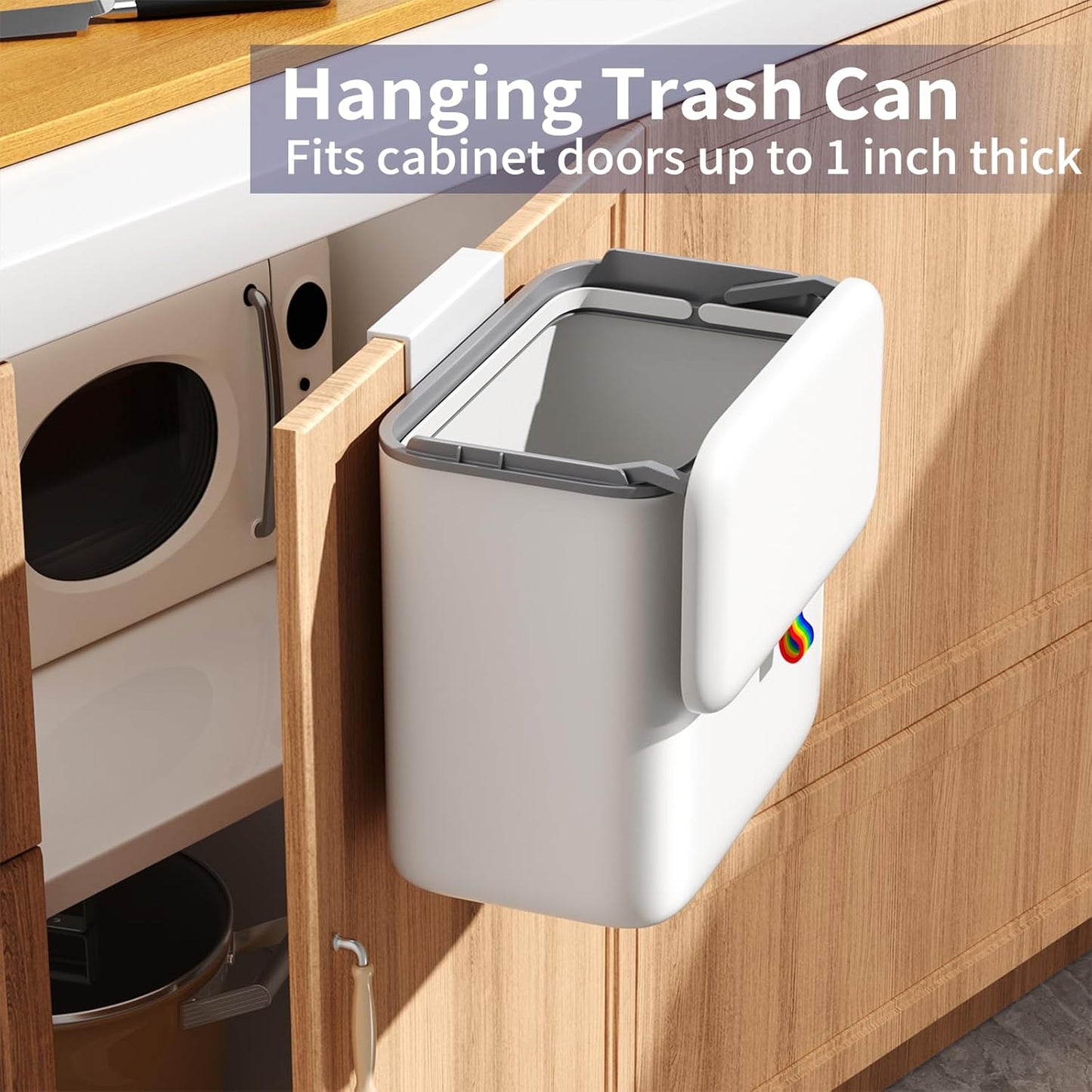 Kitchen Compost Bin with Lid - Hanging Small Trash Can for Countertop or Under Sink, 2.6 Gallon Wall Mounted Garbage Can for Cabinet Door, Indoor Food Waste Bin for Bathroom, RV, Office, White