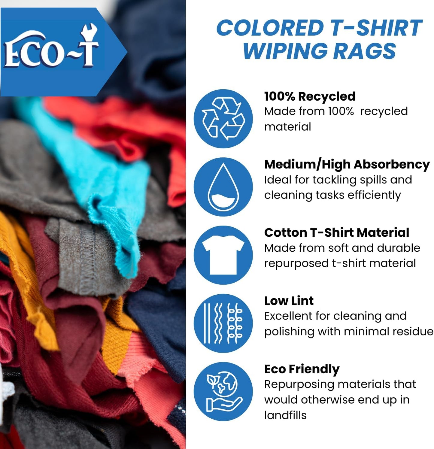25 Lb Box Eco-T Mechanic Shop Rags - Colored T-Shirt Material, 100% Recycled, Eco-Friendly, High Absorbency, Low Lint, Low-Cost, Industrial Use Wiping Cloth
