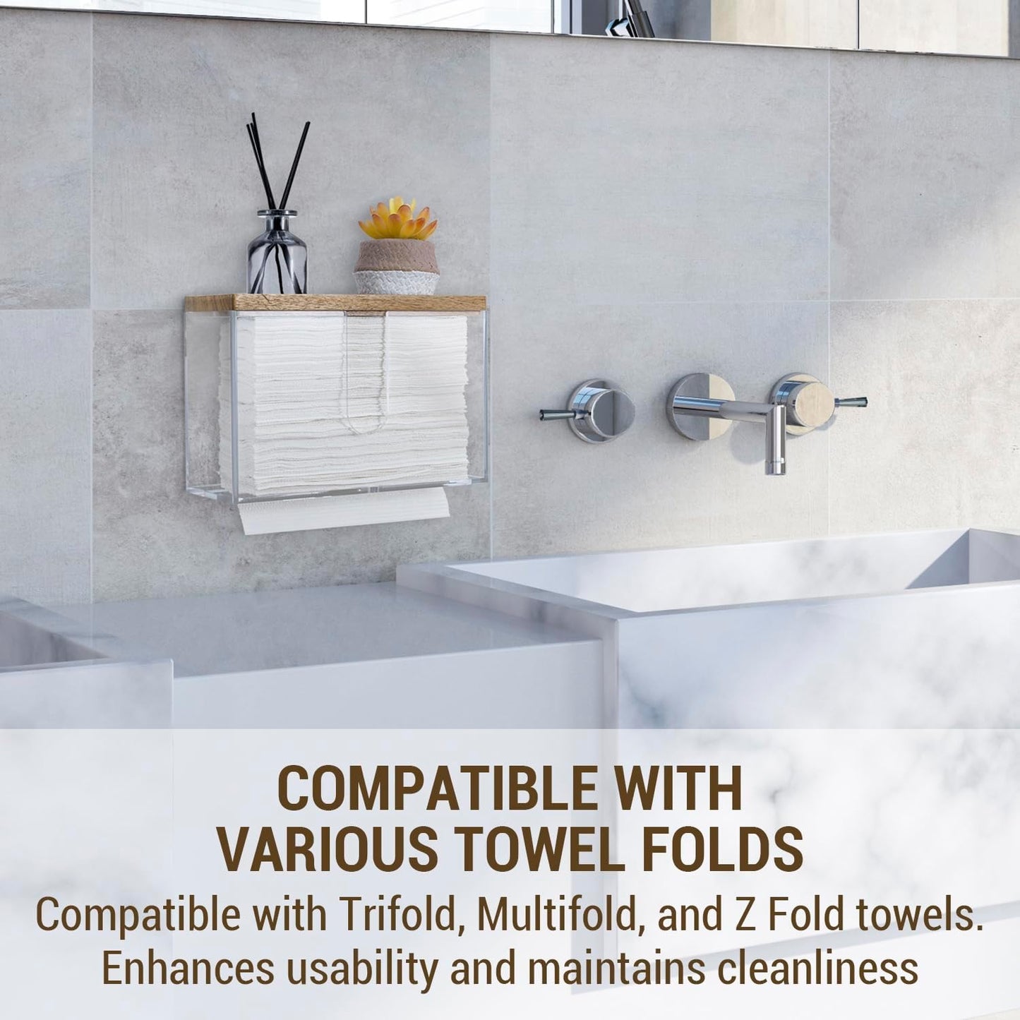 MyGift Deluxe Modern Metal Folded Commercial Paper Towel Holder with Rustic Burnt Solid Wood Tray Lid, Wall Mounted Trifold Multifold Z Fold Disposable Napkin Dispenser (Acrylic & Acacia Wood)