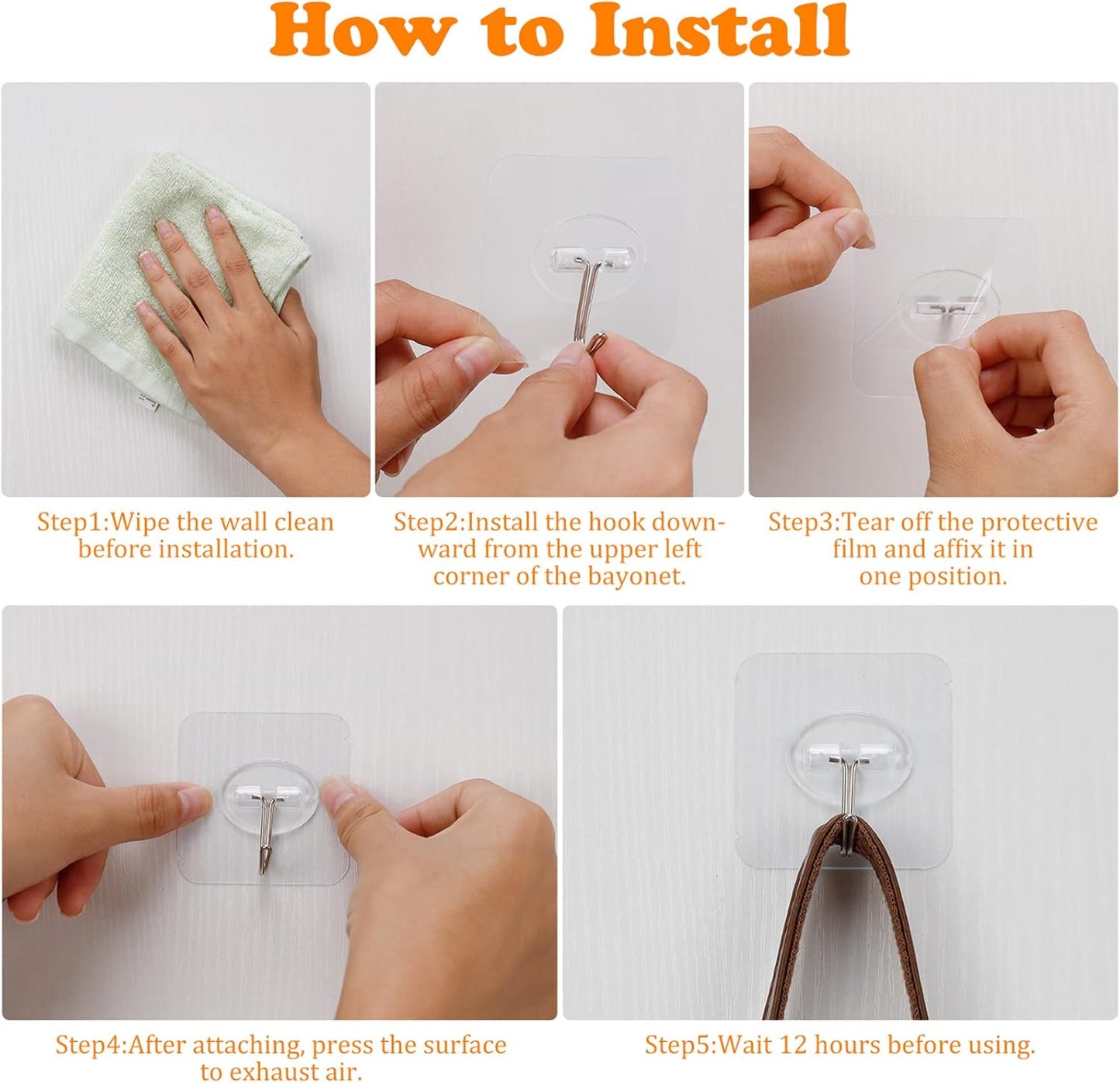 COLOGO 100 Pack Adhesive Hooks 24lb(Max) Heavy Duty Self Adhesive Hooks, Transparent Reusable Seamless Adhesive Wall Hooks for Kitchens, Bathroom, Office