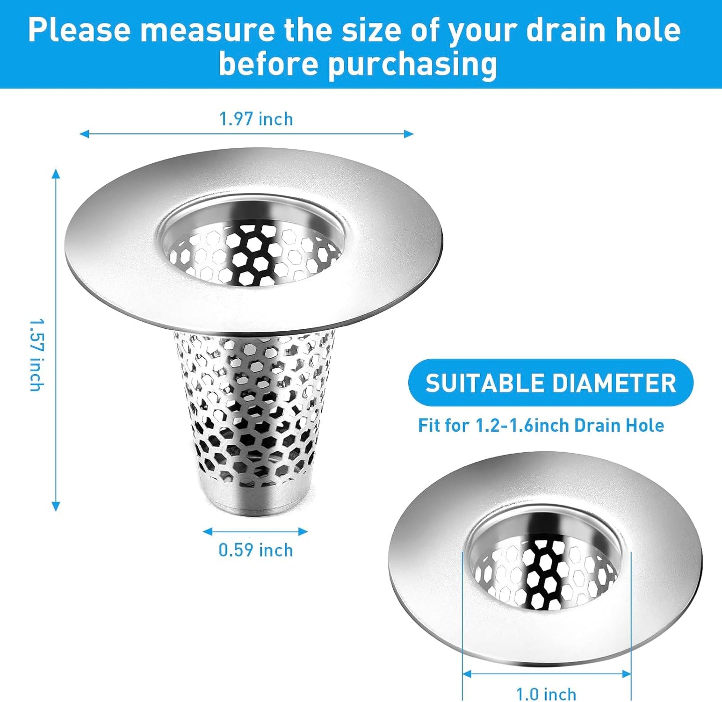 2PCS Bathroom Sink Drain Strainers, 1" Small Conical Premium Stainless Steel Porous Hair Catcher, Drainer Filter, Fit for 1.20"-1.60", Depth Than 1.60" Drain Hole