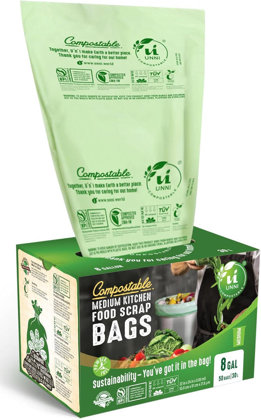 UNNI Compostable Trash Bags, 8 Gallon / 30 Liter, 400 Count Value Pack, Extra Thick 0.85 mil Medium Kitchen Food Scrap Bin Liners, BPI, CMA & OK compost HOME Certified, Meets ASTM D6400