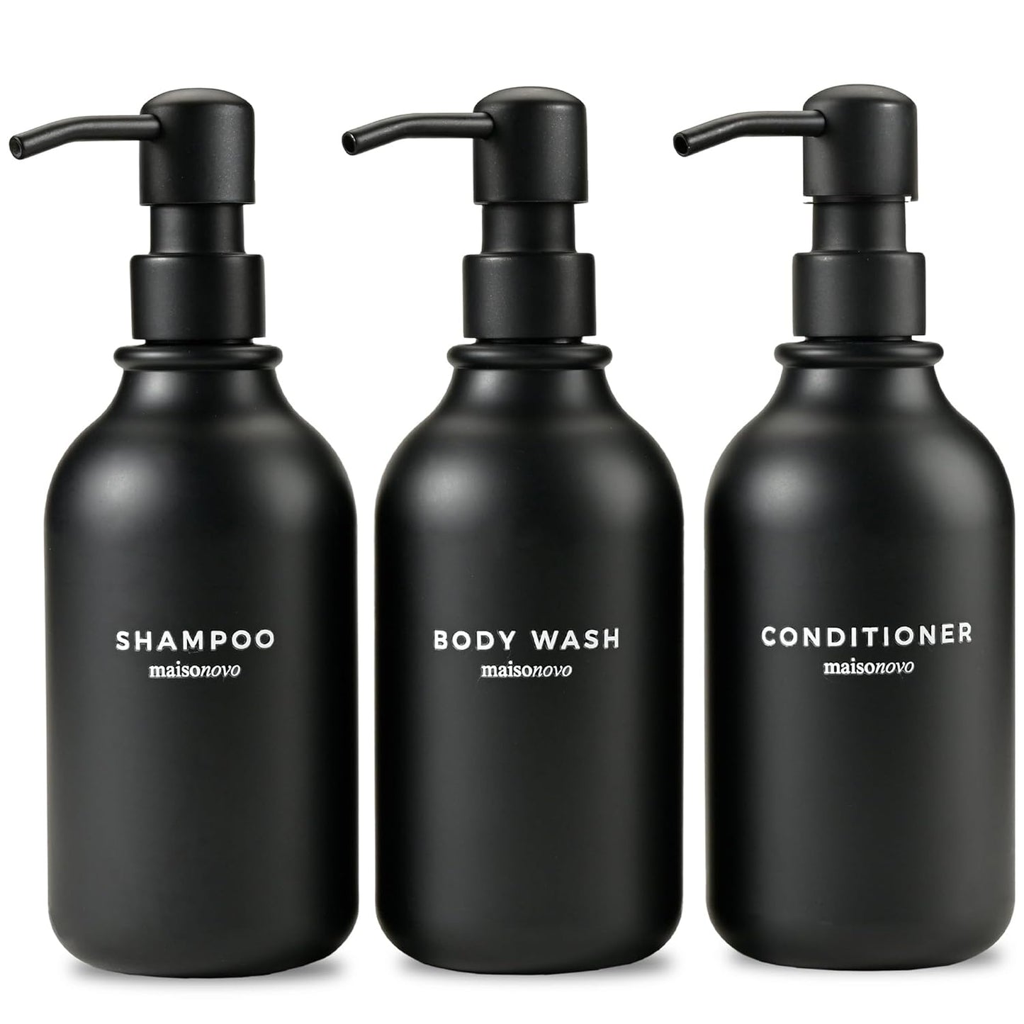 MaisoNovo Refillable Shampoo and Conditioner Bottles | 16.9 fl oz Set of 3 Black Plastic Bottles Black Pumps