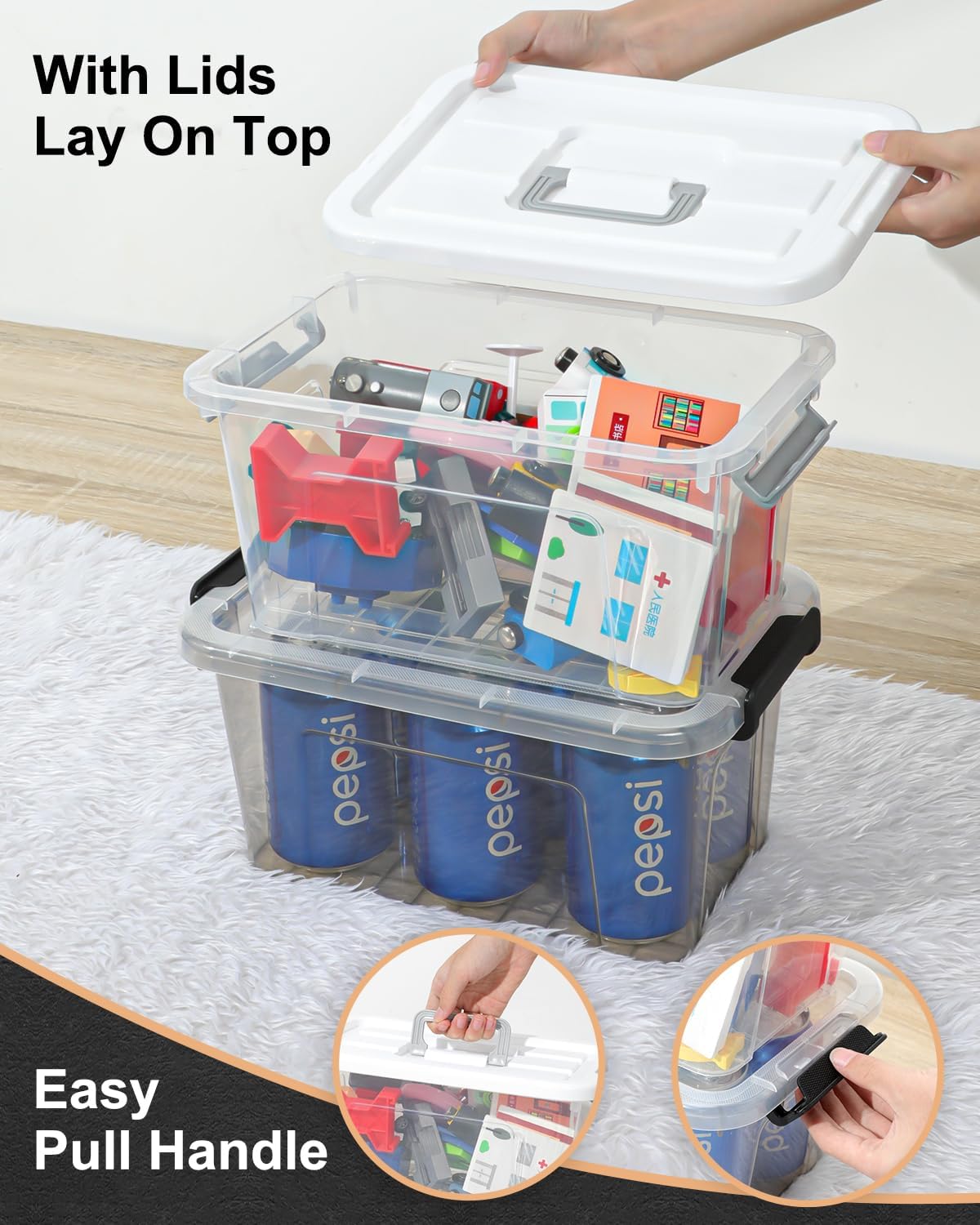 NUMIFUN Plastic Storage Bins with Lids 6 Pack Storage Organizer, 7 Quart Stackable Storage Bins with Buckle-Up Latches and Handle easy for Home Office Pantry Organization, Clear Lids