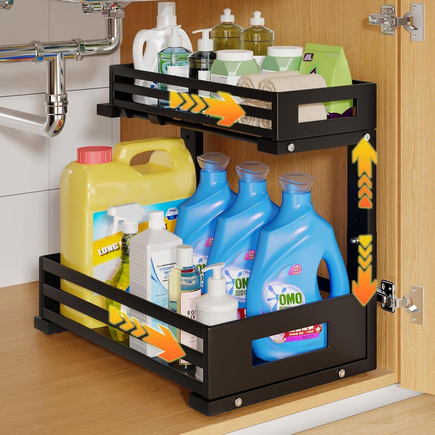 1-Pack Under Sink Organizers and Storage,2-Tier L Shape Pull Out Cabinet Organizer With Round Tube Slide Rails,Hight Adjustable Slide Out Drawers for Kitchen&Bathroom,Multi-Purpose Storage Shelf-Black