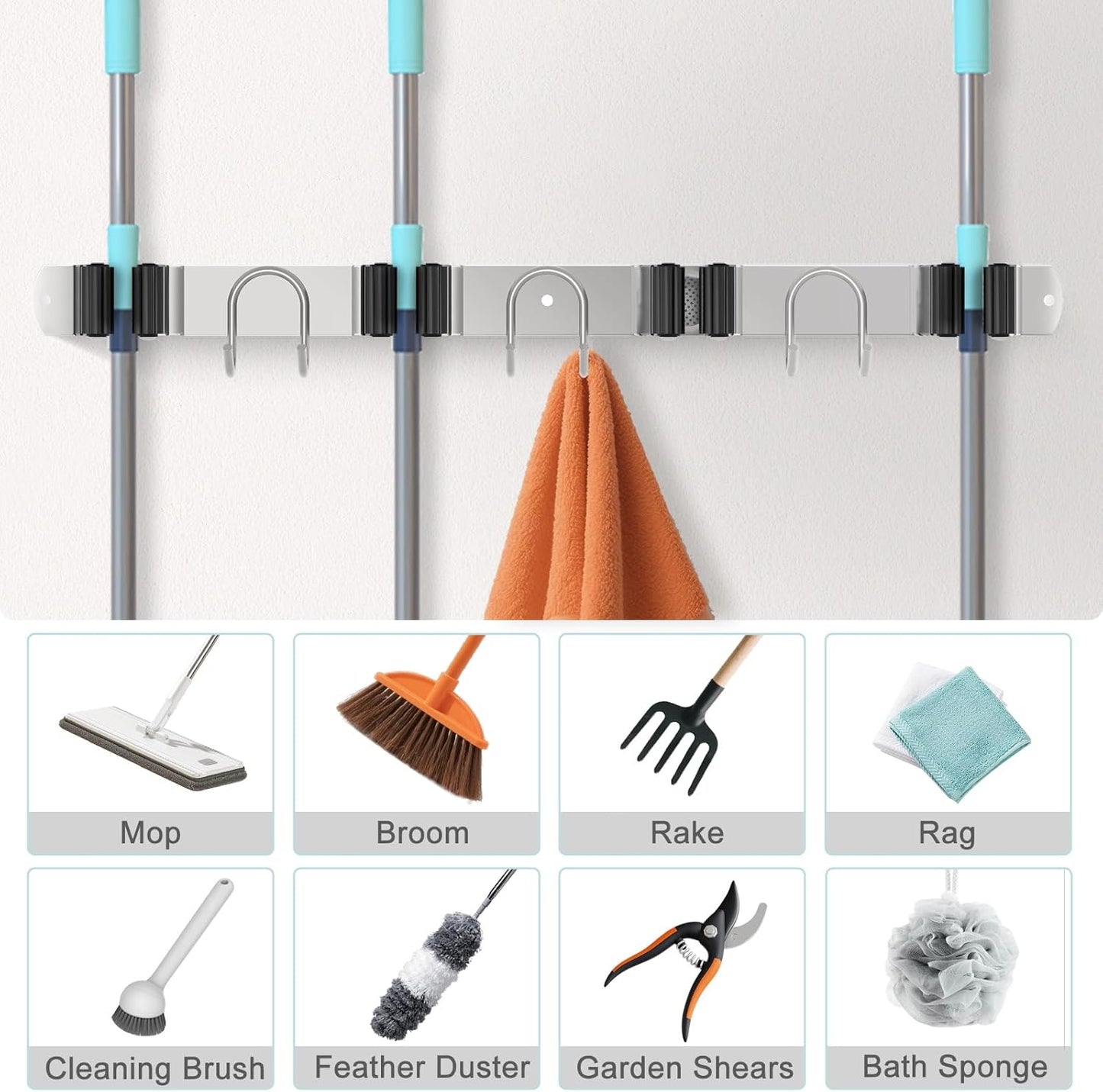 Mop Broom Holder Wall Mount, 2 Packs Silver Stainless Steel Tool Storage Organizer for Kitchen Garden Garage Laundry Room Bathroom and RV with 4 Slots 6 Hooks