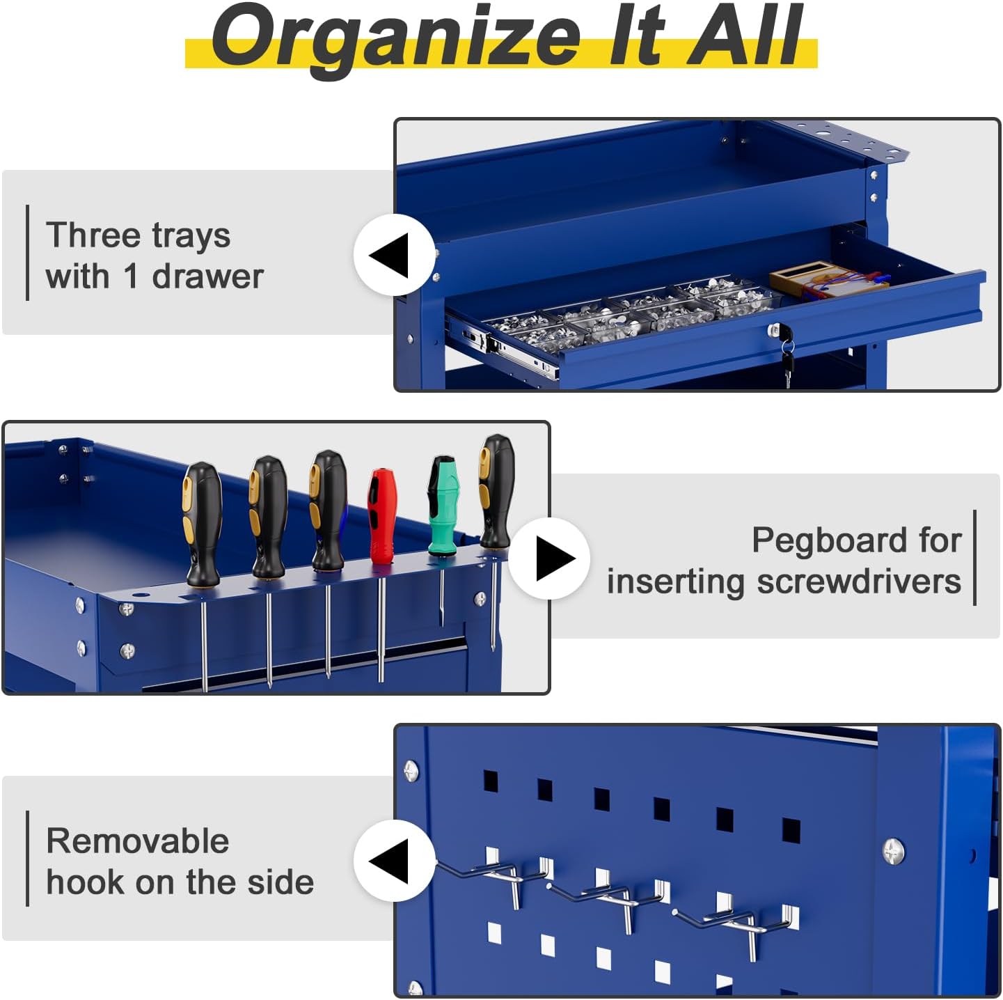 3-Tier Rolling Tool Cart with Drawers, Heavy Duty Utility Storage Cart with pegboard, Lockable Metal Tool Chest on Wheels for Garage, Warehouse & Repair Shop