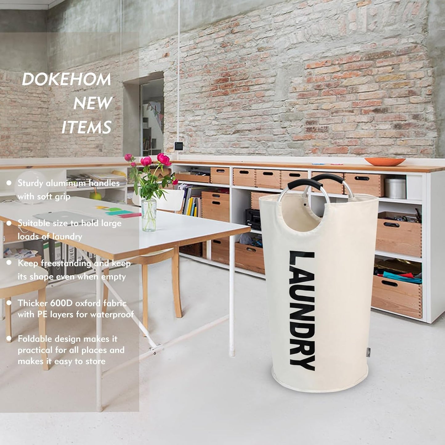 DOKEHOM 90L Large Laundry Basket, Collapsible Laundry Bag, Freestanding Tall Clothes Hamper, Foldable Washing Bin (Beige)