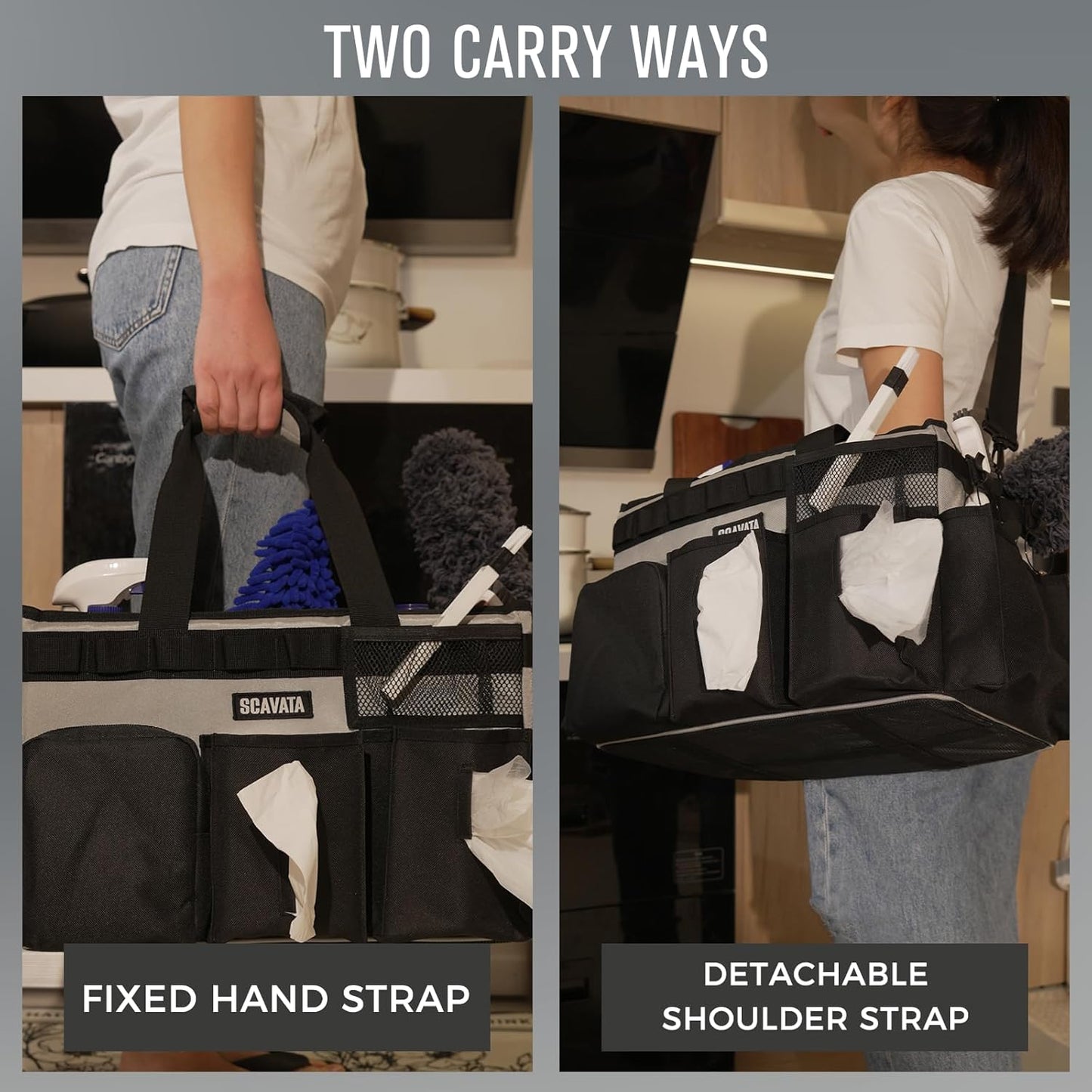 Wearable Cleaning Caddy Bag, Cleaning Caddy Supplies Organizer with Handle & Shoulder Straps for Housekeepers, Under Sink & Car Cleaning Tool Organizers with 4 Foldable Divider (Grey)