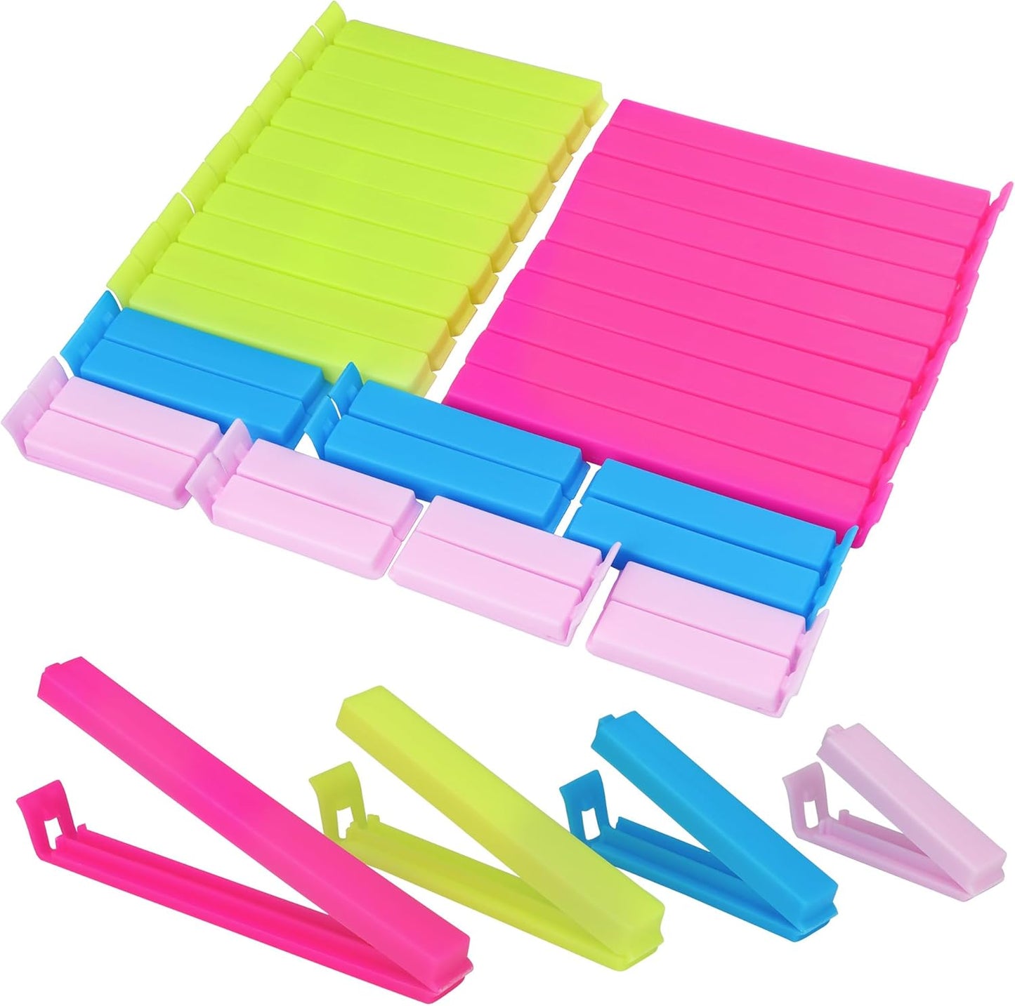 34 Pack Plastic Chip Clips - Resealable Sealing Clips for Food Storage & Snack Bags - 4 Sizes, Bright Colors - 2.4"/3.2"/4.3"/5.5"