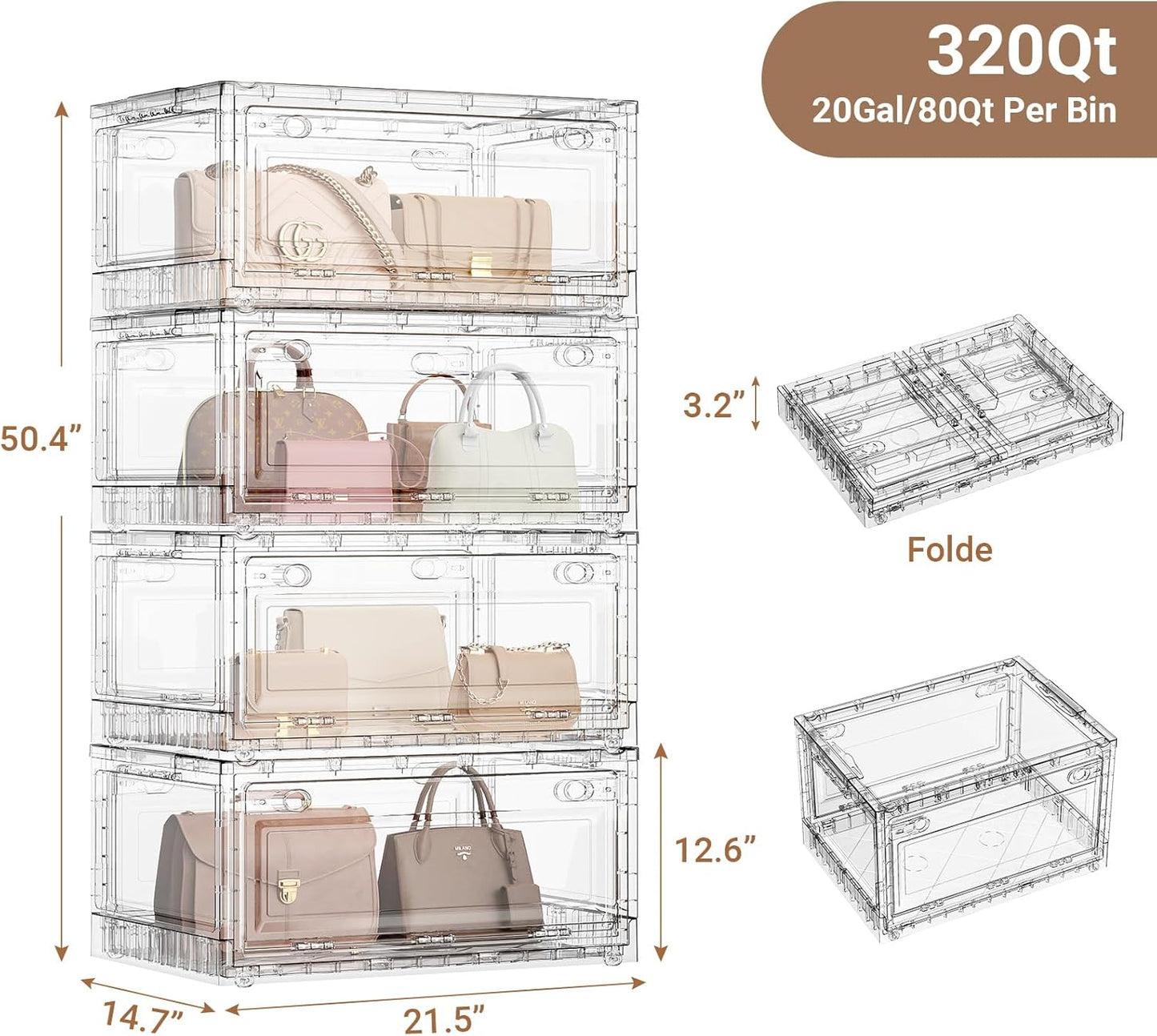 BROVIEW Clear Stackable Storage Bins Drawers, Open Front Large Plastic Storage Bins with Lids, Foldable Closet Organizers and Storage for Wardrobe Cabinets, Pantry, Makeup,4 Pack