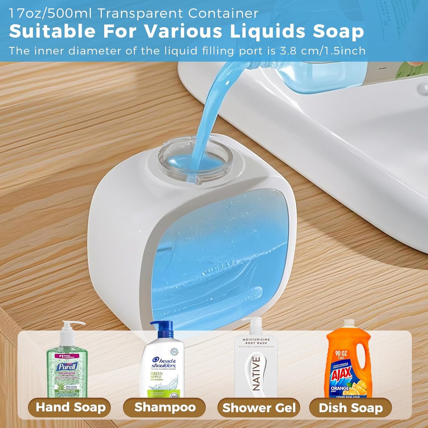 Automatic Liquid Soap Dispenser, 17oz/500ml Touchless Rechargeable with 4-Level Adjustable & IPX5 Waterproof - Level Display for Wall/Tabletop Use in Bathroom, Kitchen, White