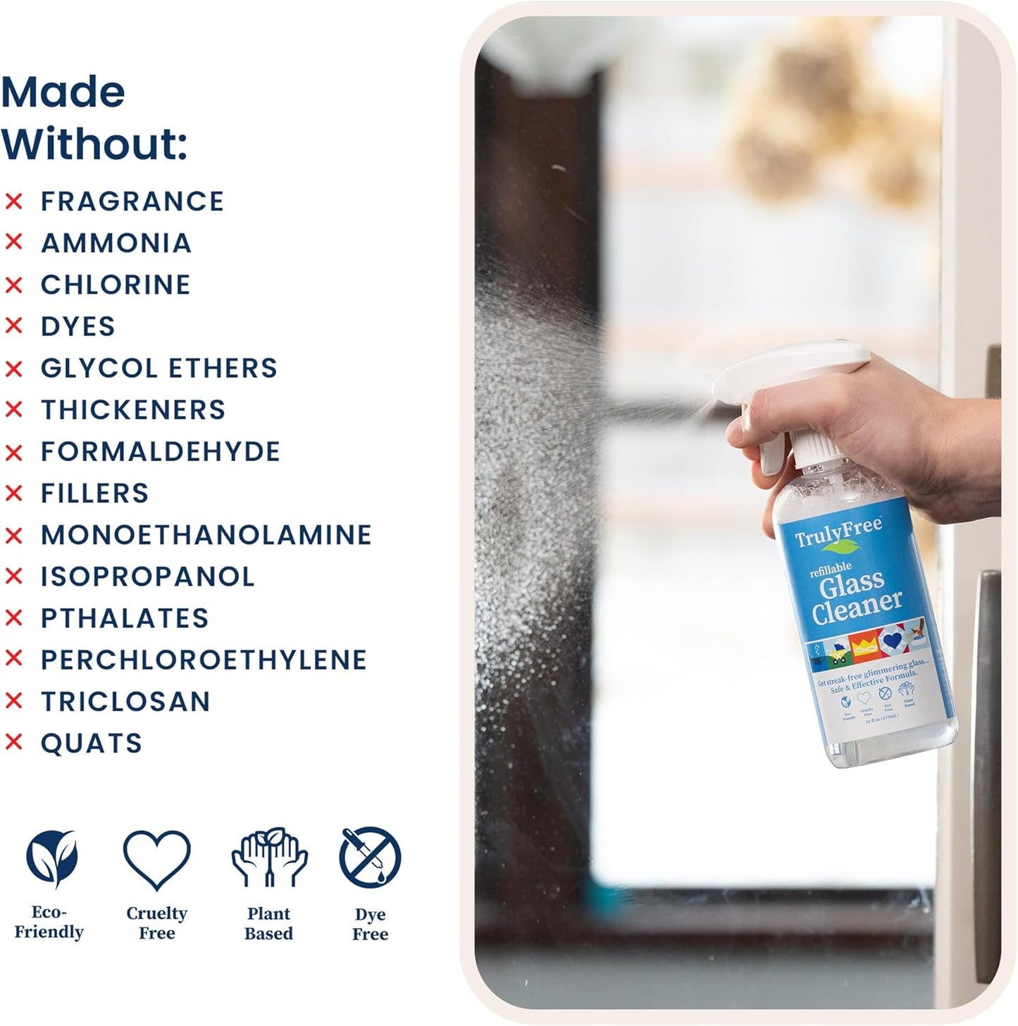 Truly Free Natural Glass Cleaner - Removes Dirt & Debris for Sparkling Clean Windows & Glass Surfaces at Home, Office & Garage, Includes: 1 Refillable Empty Bottle (16oz) & 2 Refills (3oz ea)