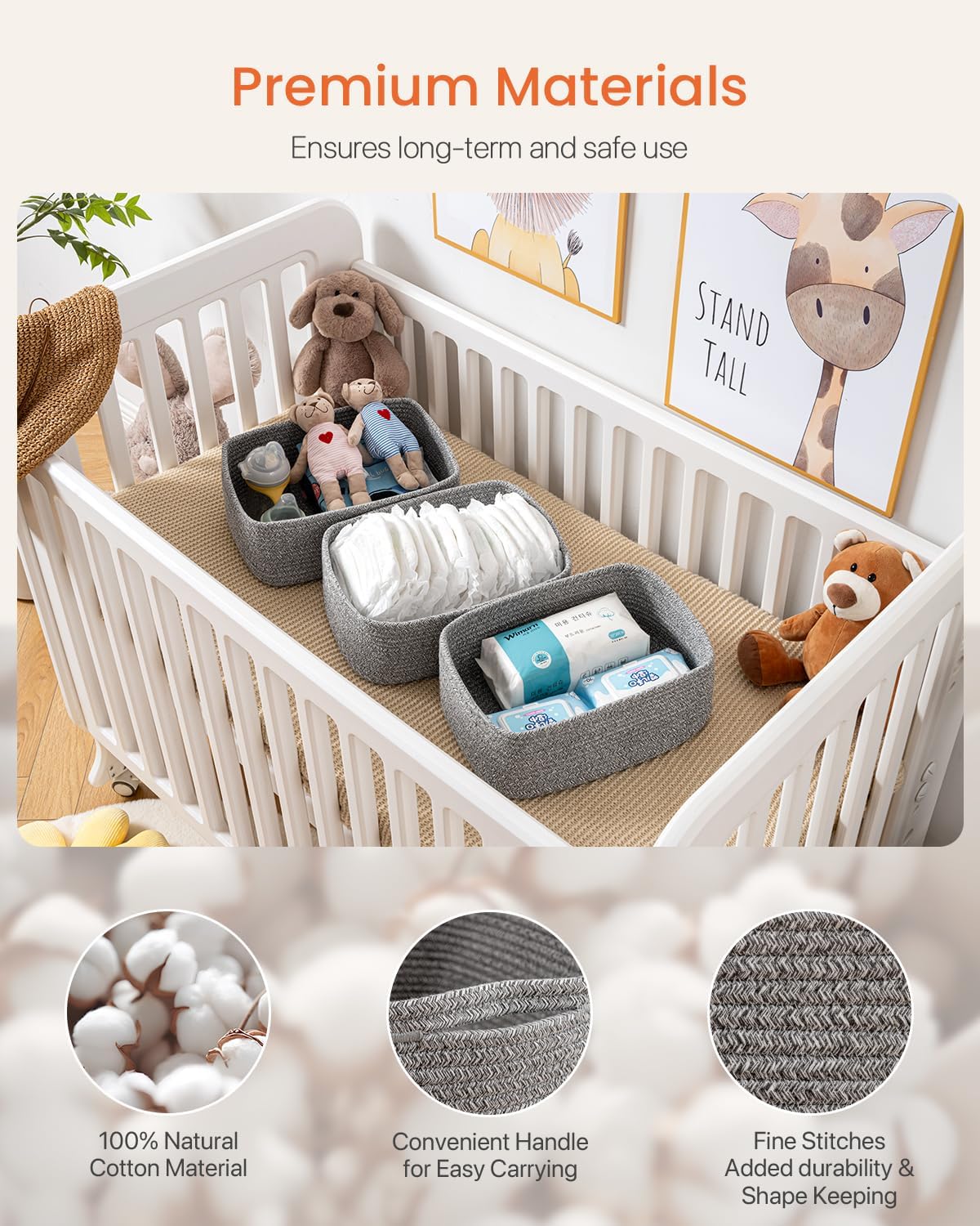 Small Woven Basket, 13.5 x 9.5 x 5 Inches, Storage Basket for Organizing, Cute Small Rope Shelf Closet Cube Storage Bins Baskets for Shelves, Dog Toy Gift Baskets Empty, 3 Packs, Mixed Grey
