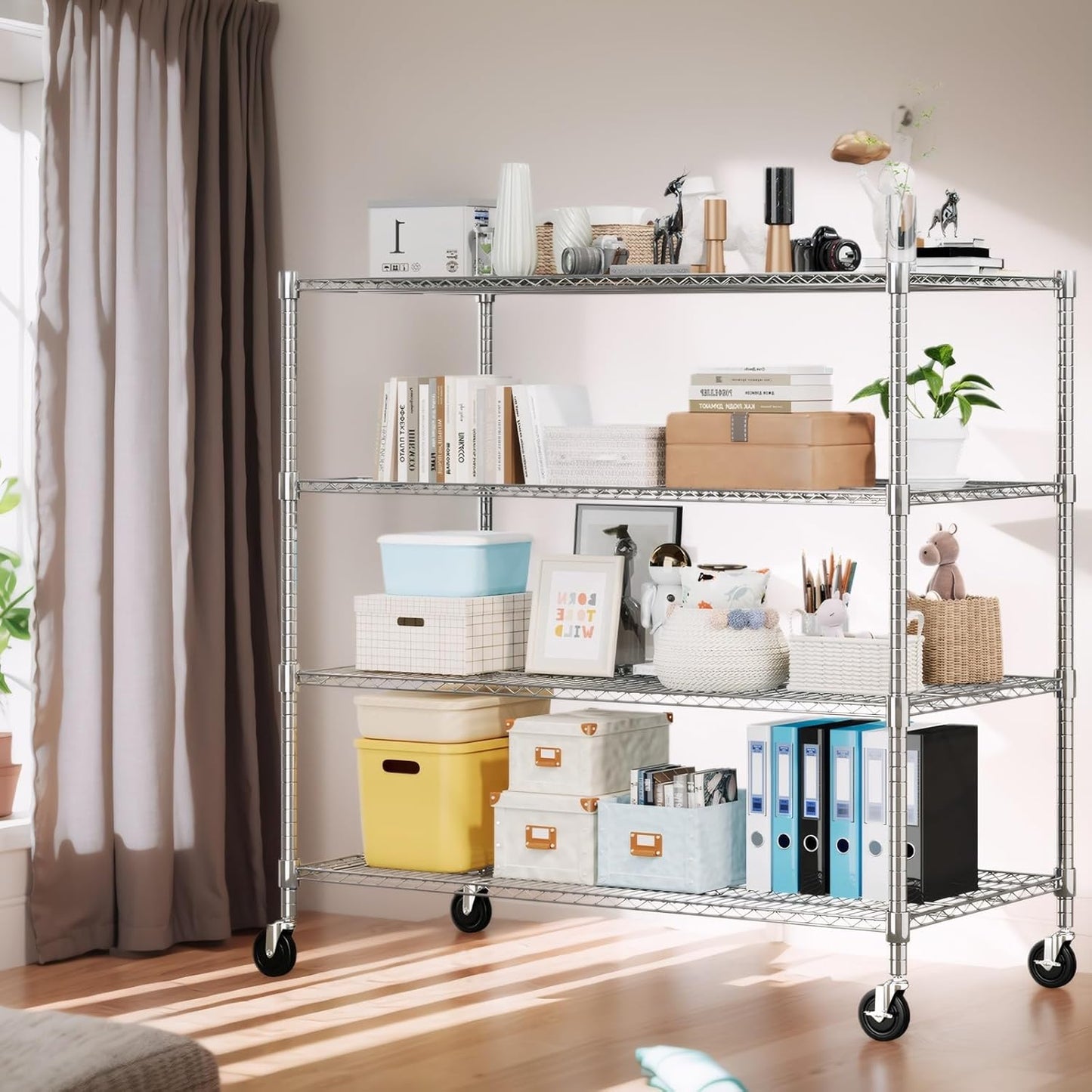 Himimi 4 Tier Wire Shelving with Wheels Heavy Duty Height Adjustable Metal Shelves for Storage, Commercial Grade Steel Utility Wire Rack for Kitchen Garage Pantry Organization-24×48×72, Silver