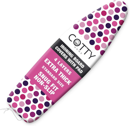 Extra Thick Ironing Board Covers with Pad Standard Size 15x54, Snug Fit Adjustable Drawstring Tightening with Stopper, Heat Reflective Coating, Nose Pocket and Fastener Straps, Polka Dots